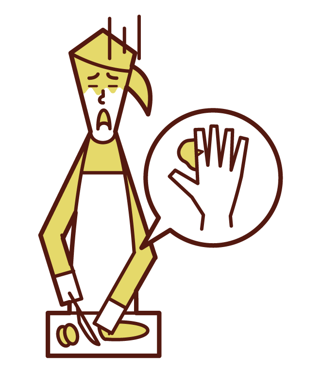 用菜刀不小心割傷手指的人（女性）的插圖