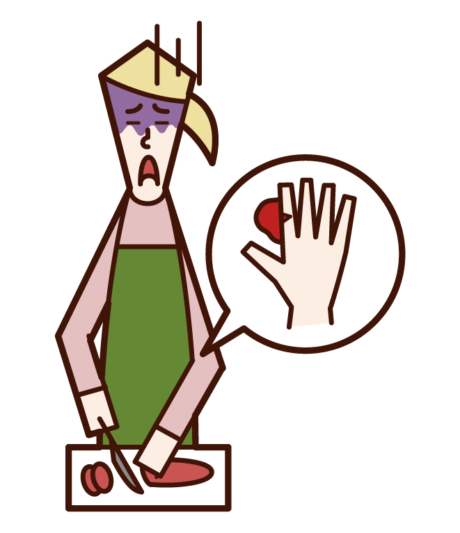 用菜刀不小心割傷手指的人（女性）的插圖