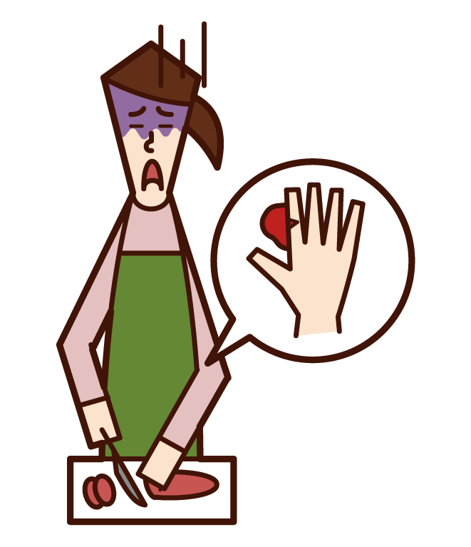 Illustration of a woman who accidentally cut her finger with a kitchen knife