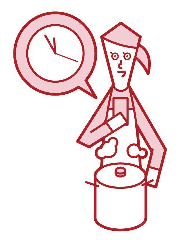 Illustration of a woman who measures cooking time with a timer