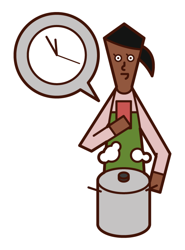 タイマーで調理時間を計る人（女性）のイラスト