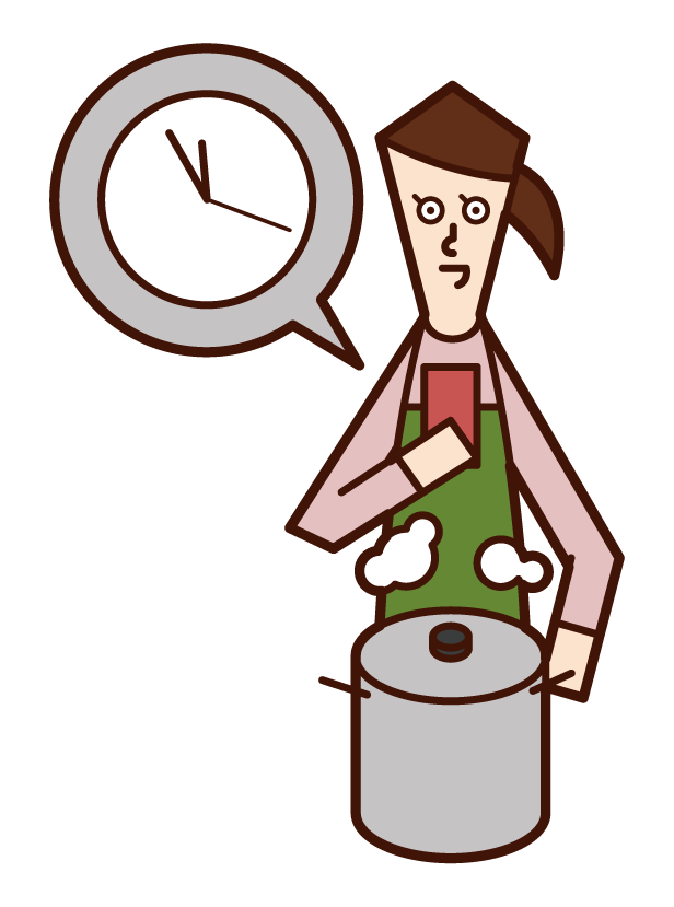 Illustration of a woman who measures cooking time with a timer