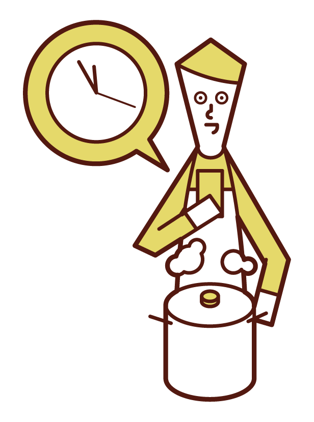 用計時器測量烹飪時間的人（男性）的插圖