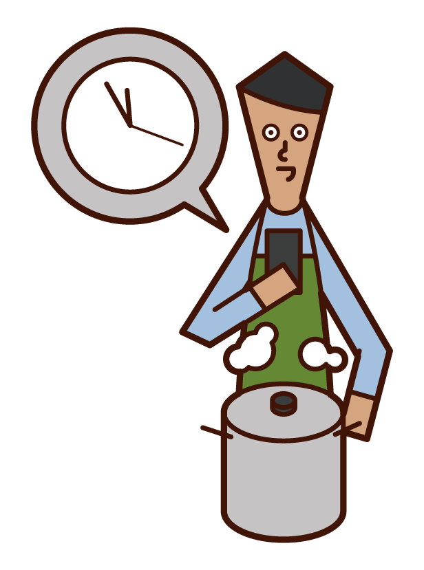 タイマーで調理時間を計る人（男性）のイラスト