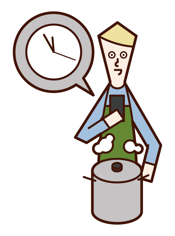用計時器測量烹飪時間的人（男性）的插圖