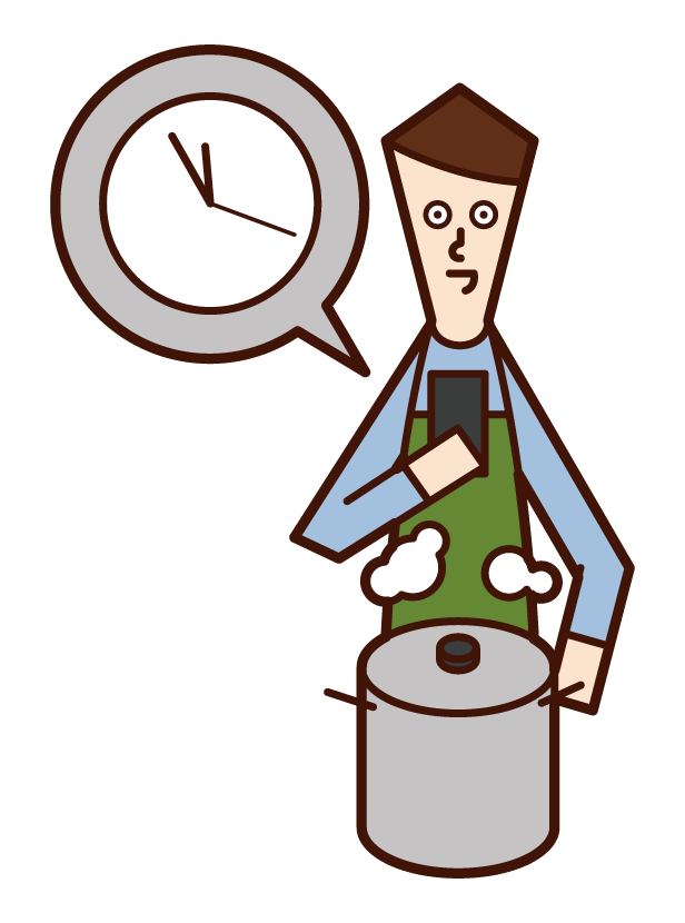 Illustration of a man who measures cooking time with a timer