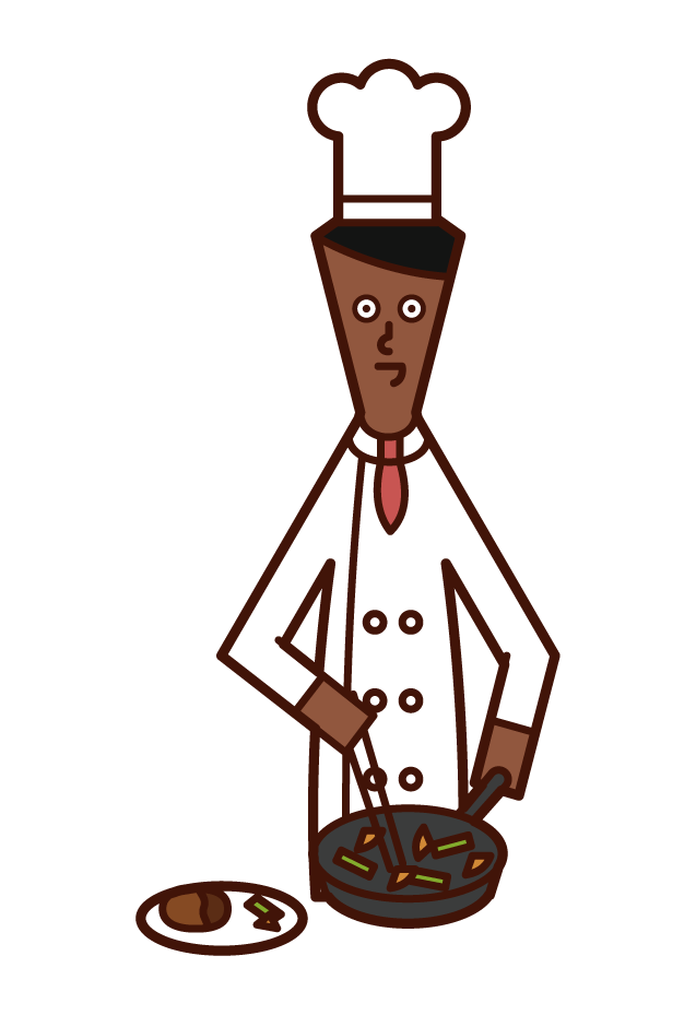 Illustration of chef (man) serving dishes on a plate