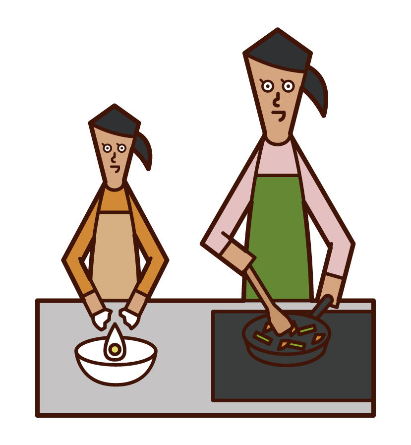 父母和孩子做飯的插圖