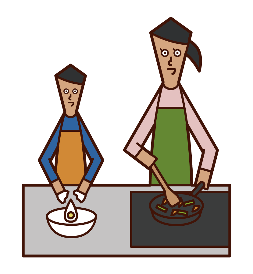 Illustration of parents and children cooking