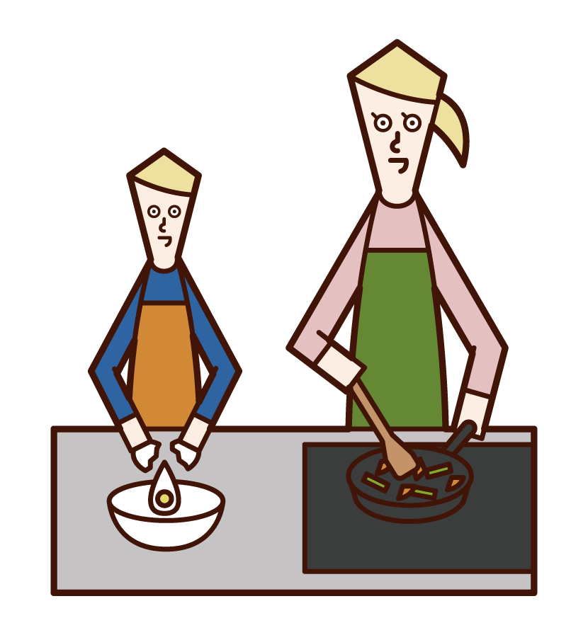 父母和孩子做飯的插圖