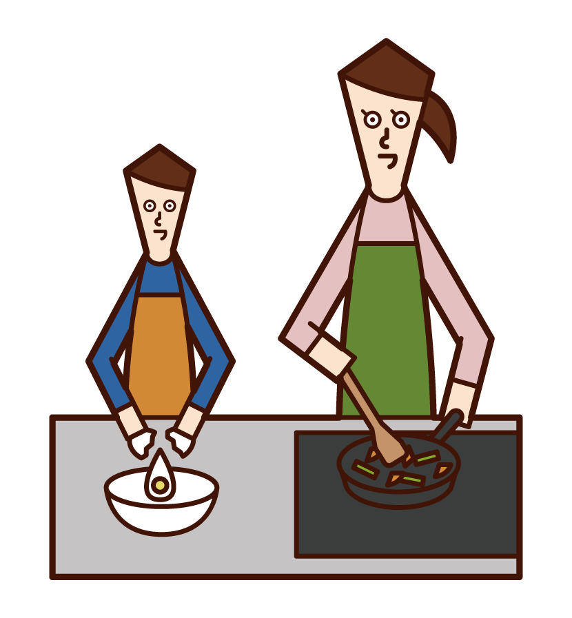 Illustration of parents and children cooking