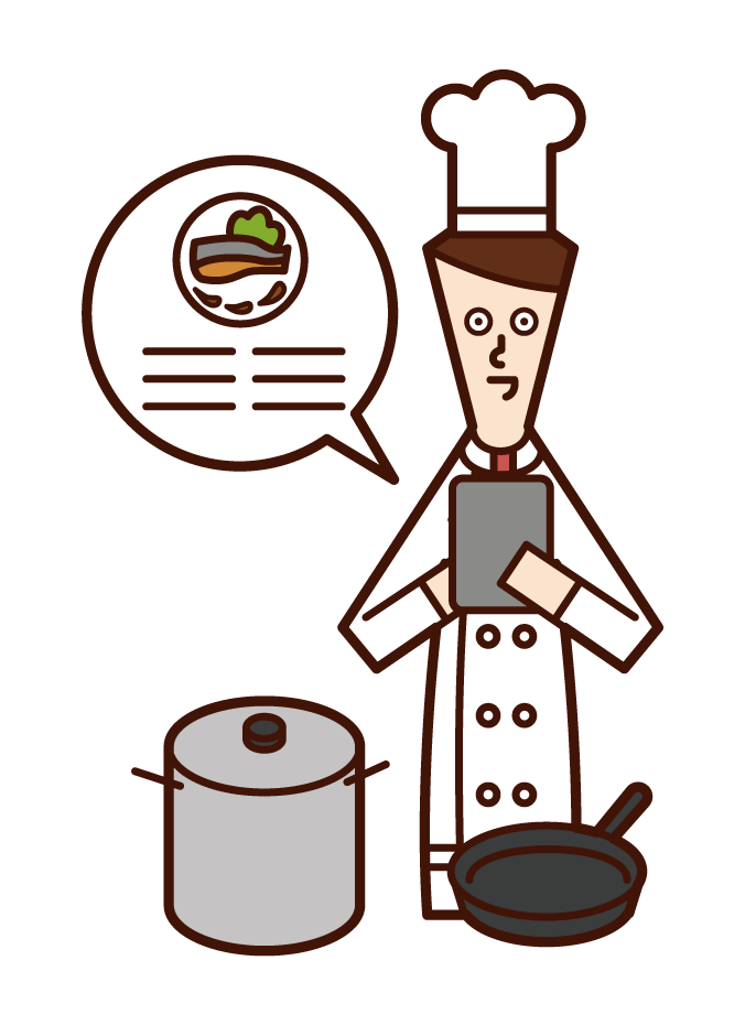 Illustration of chef (male) examining recipes on tablet