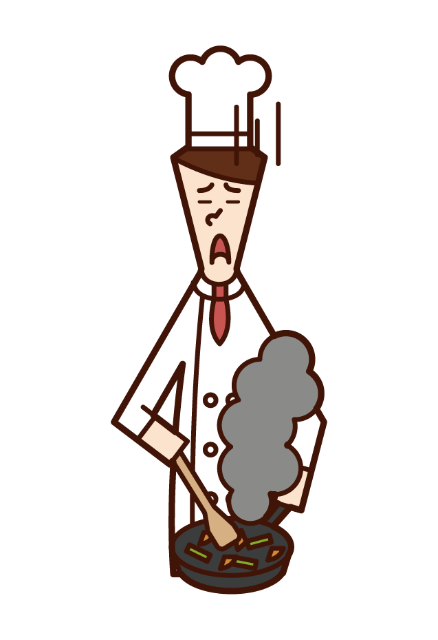 廚師（女性）燒焦菜餚的插圖
