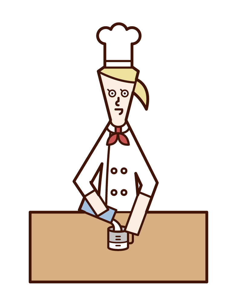 Illustration of chef (woman) weighing the amount of milk