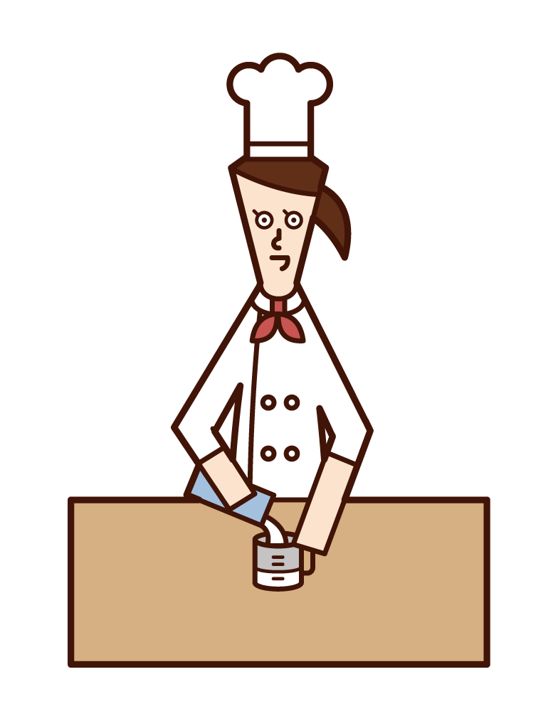 Illustration of chef (woman) weighing the amount of milk