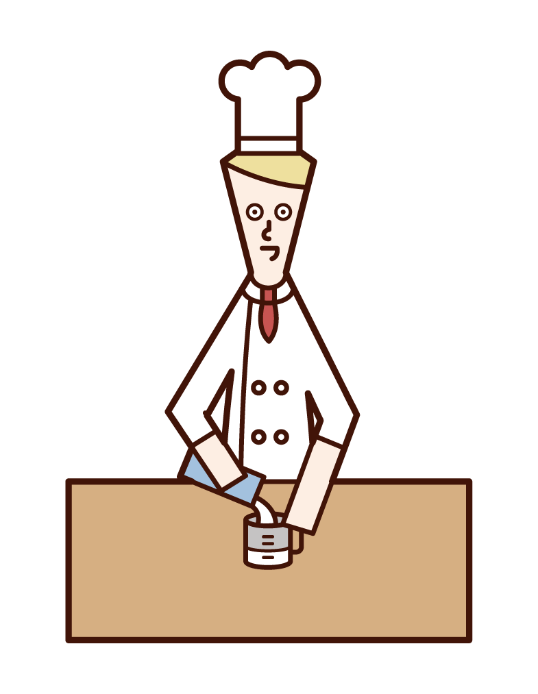 Illustration of chef (man) weighing the amount of milk