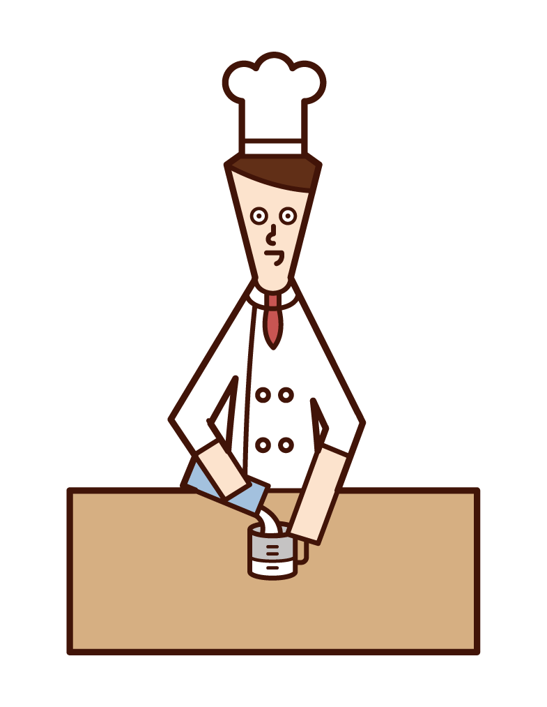 Illustration of chef (man) weighing the amount of milk