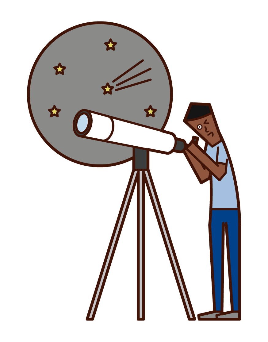 Illustration of a child (boy) observing the starry sky with a telescope