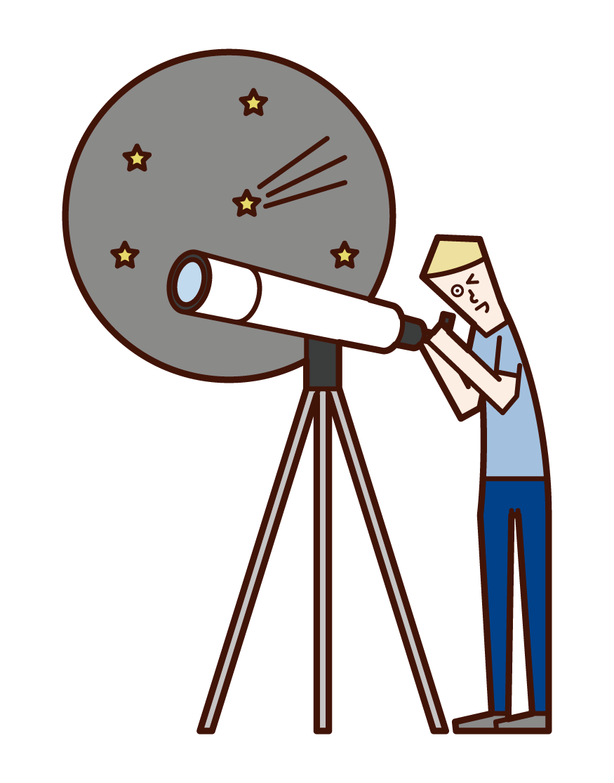 Illustration of a child (boy) observing the starry sky with a telescope