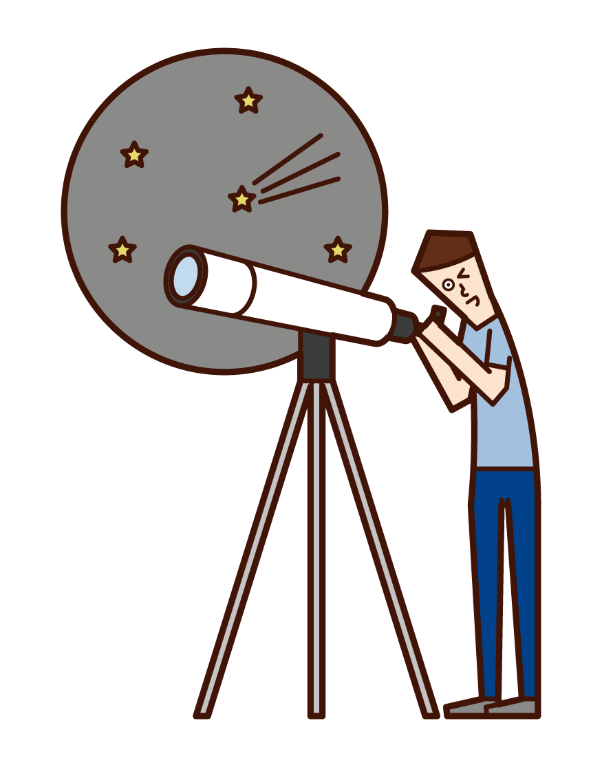 Illustration of a child (boy) observing the starry sky with a telescope