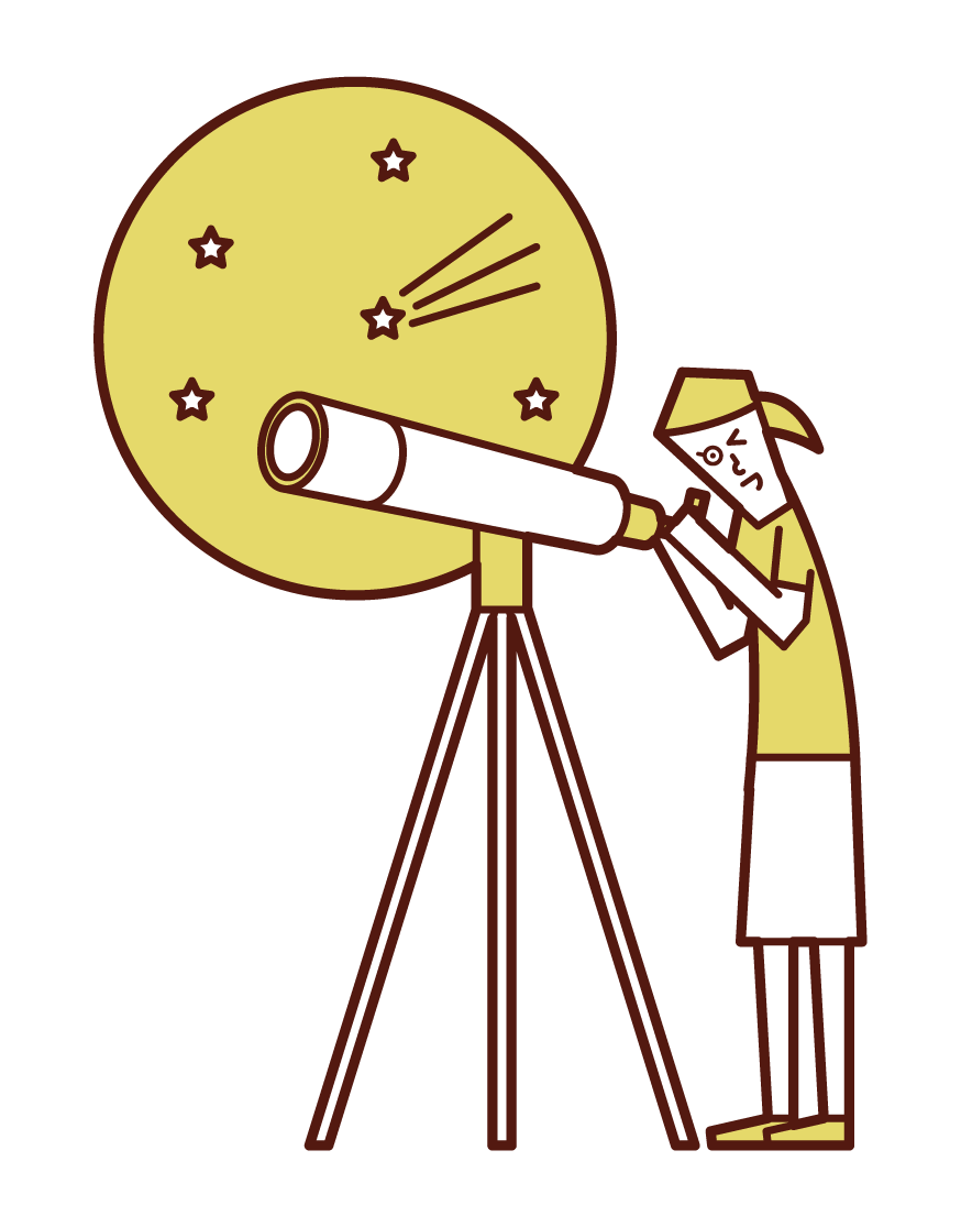 用望遠鏡觀察星空的兒童（女孩）插圖