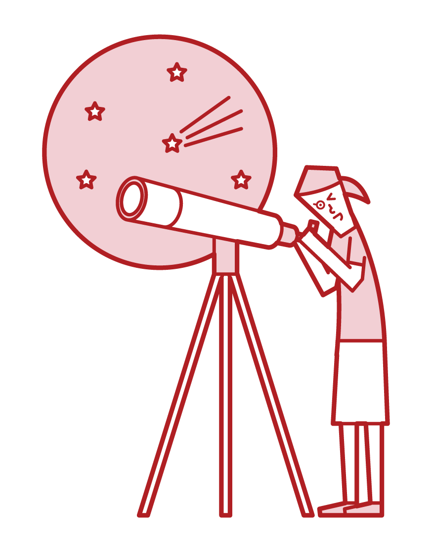 Illustration of a child (girl) observing the starry sky with a telescope