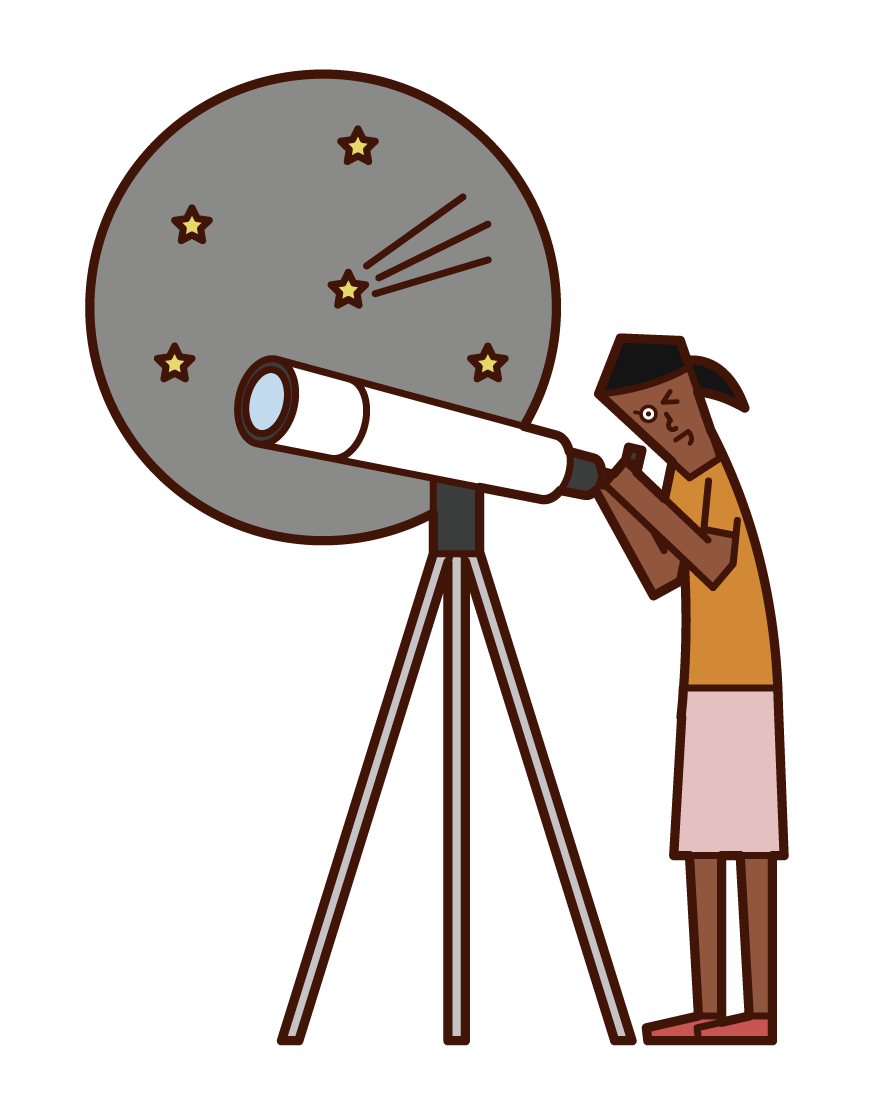 Illustration of a child (girl) observing the starry sky with a telescope
