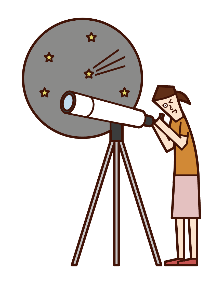 Illustration of a child (girl) observing the starry sky with a telescope