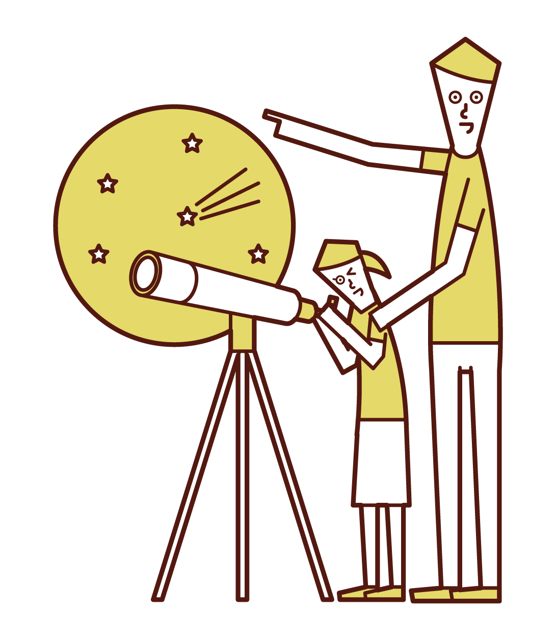 用望遠鏡觀察星空的父母和孩子插圖
