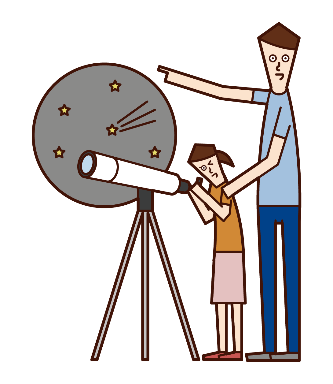 망원경으로 별이 빛나는 하늘을 보는 부모와 자녀의 그림