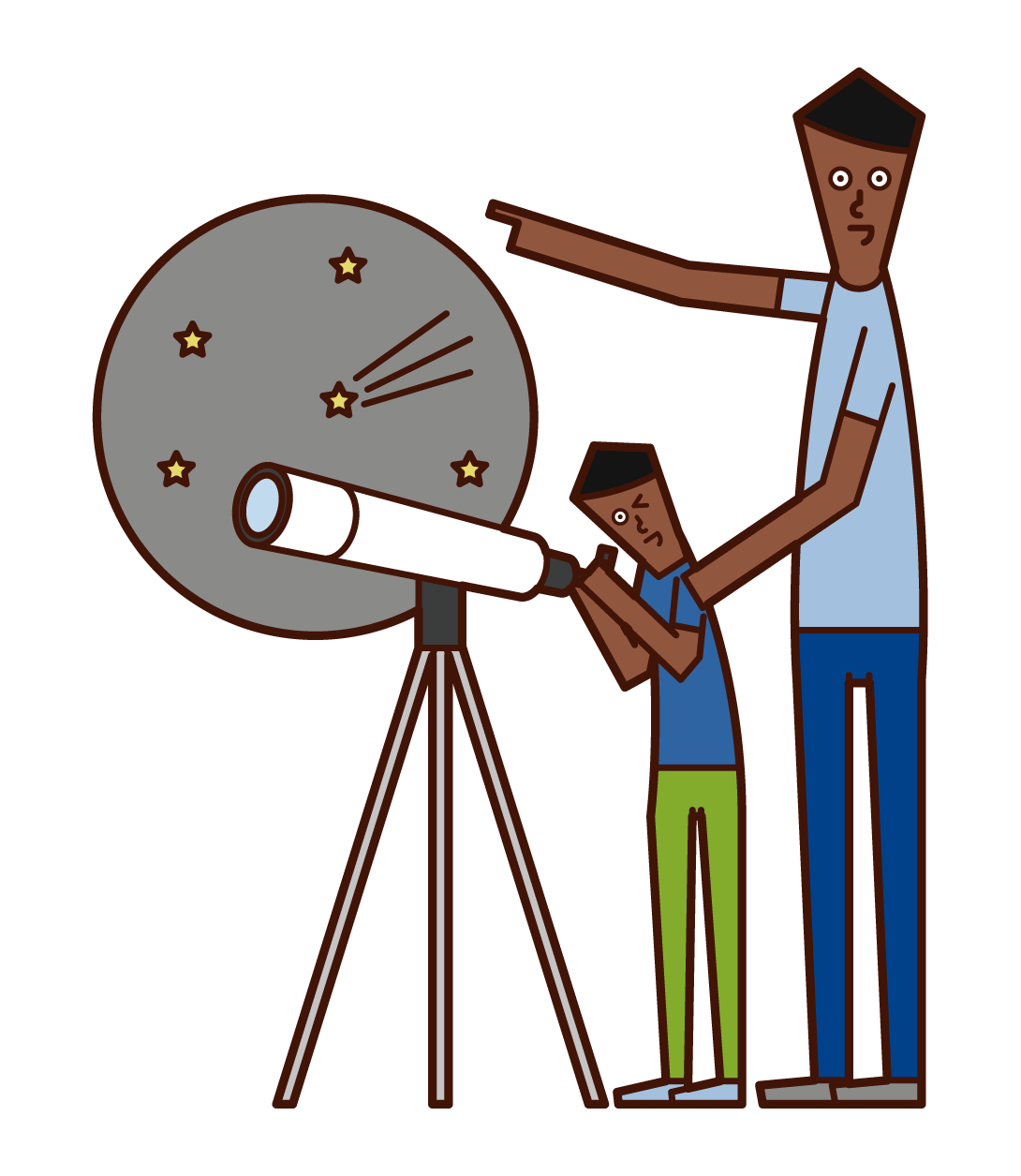 Illustration of parent and child observing the starry sky with a telescope