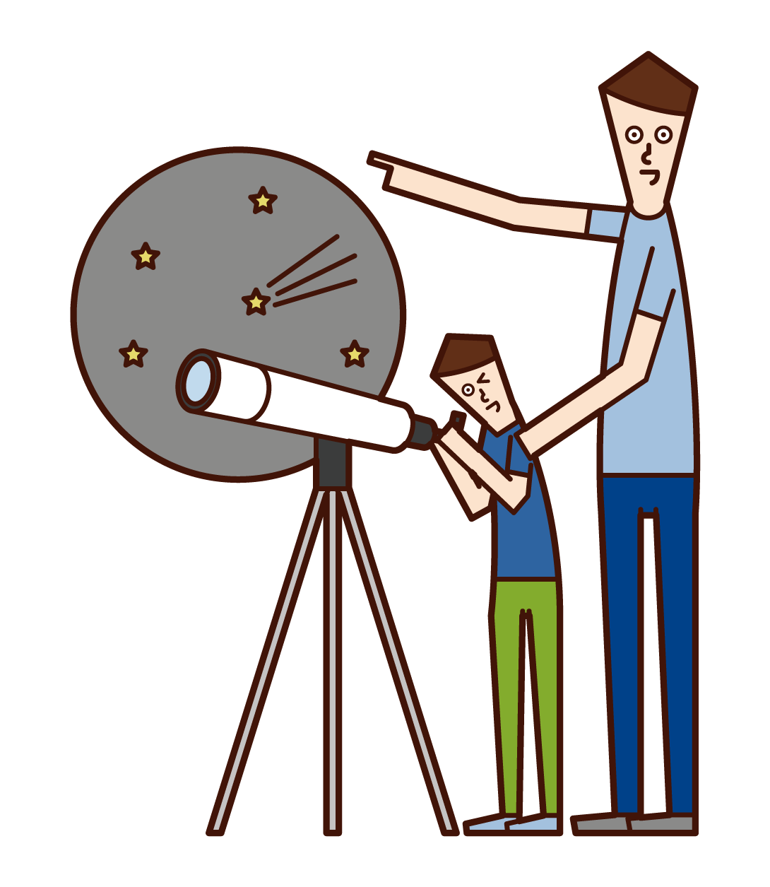 Illustration of parent and child observing the starry sky with a telescope