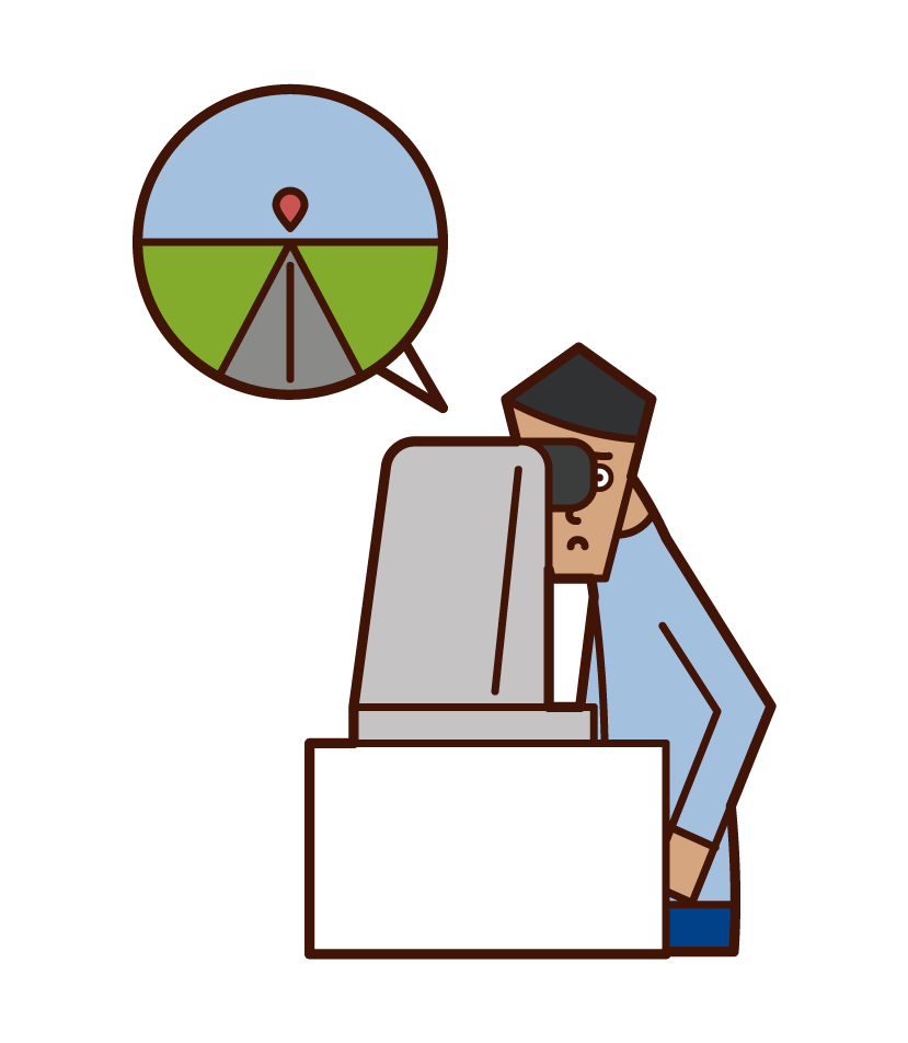 Illustration of a man who undergoes a vision test with an automatic sight meter