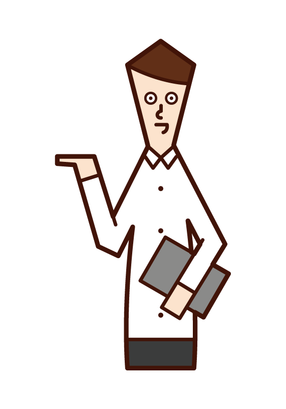 Illustration of a clerk (male) who serves, accepts, and provides guidance