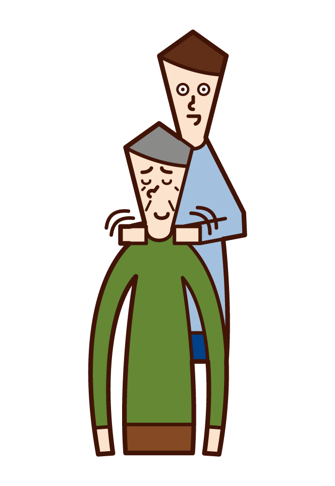 Illustration of a man rubbing his old man's shoulder