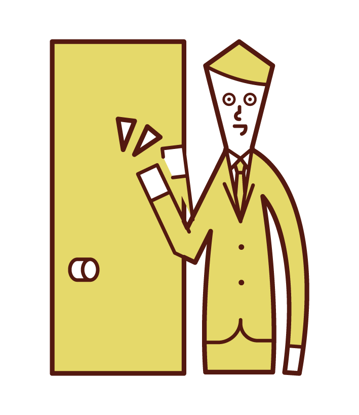ドアをノックする訪問販売員（男性）のイラスト