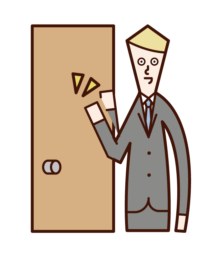 Illustration of door-to-door salesperson (male) knocking on door