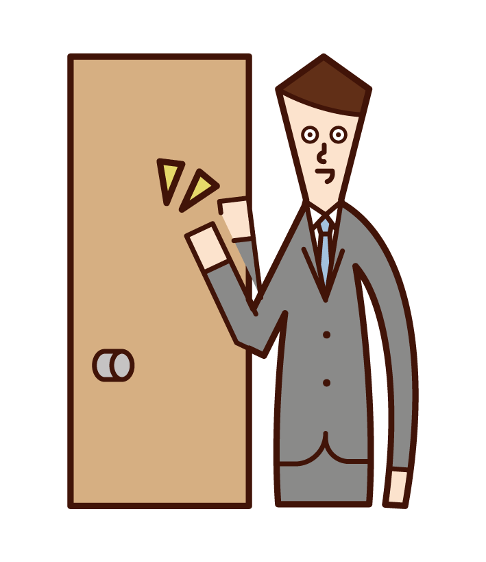 Illustration of door-to-door salesperson (male) knocking on door