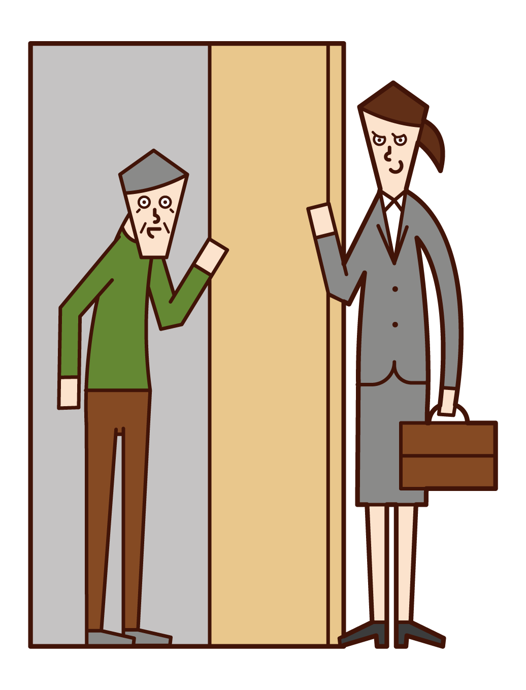 Illustration of a malicious door-to-door salesperson (female)