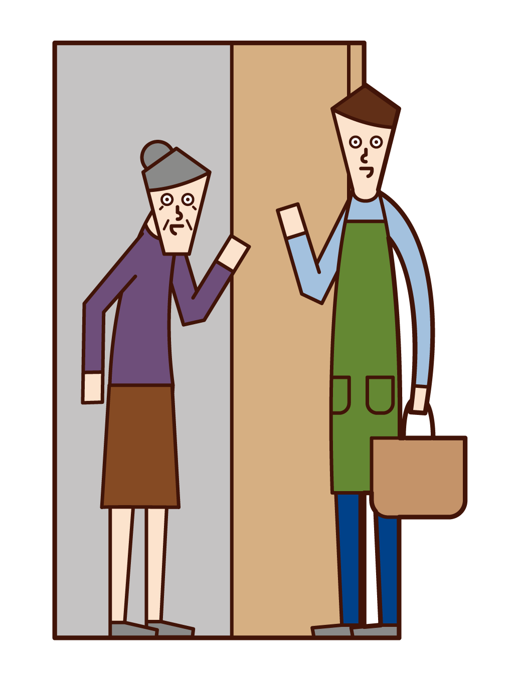 Illustration of door-to-door salesperson (woman) knocking on door