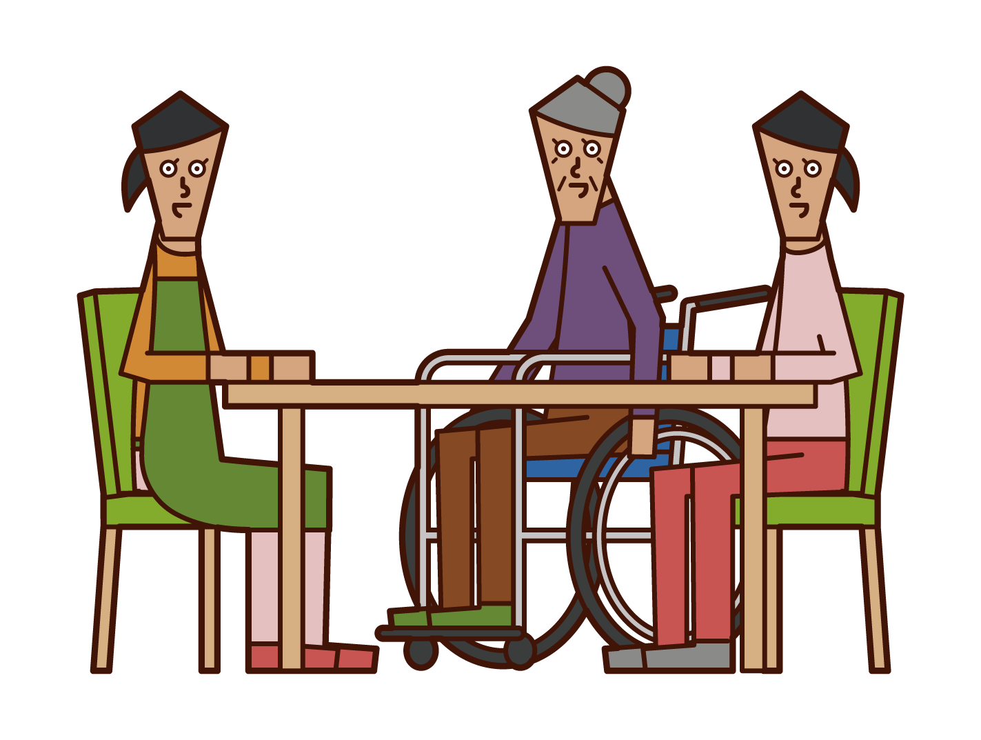 Illustration of a person who consults about nursing care and a care worker and a home helper (woman)