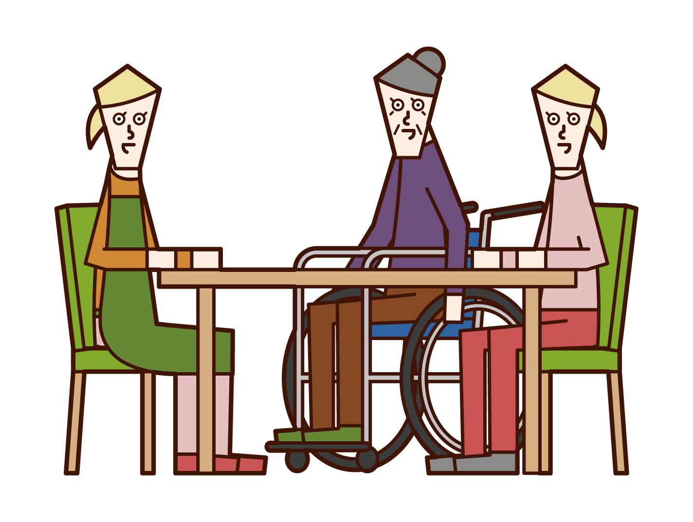 Illustration of a person who consults about nursing care and a care worker and a home helper (woman)
