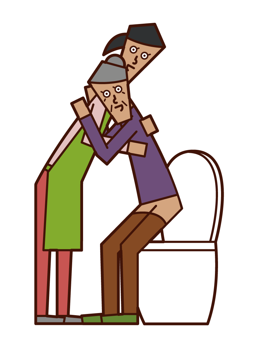 Illustration of care worker and home helper (woman) who helps the elderly with excretion