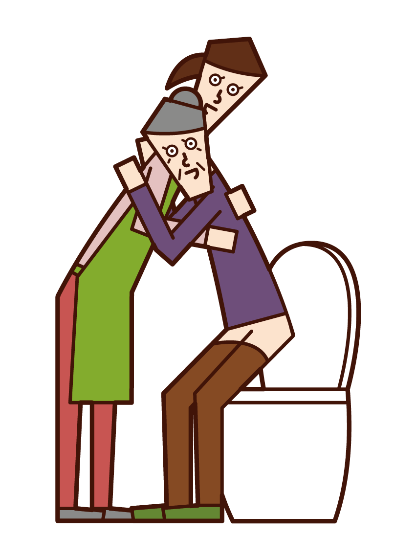 Illustration of care worker and home helper (woman) who helps the elderly with excretion