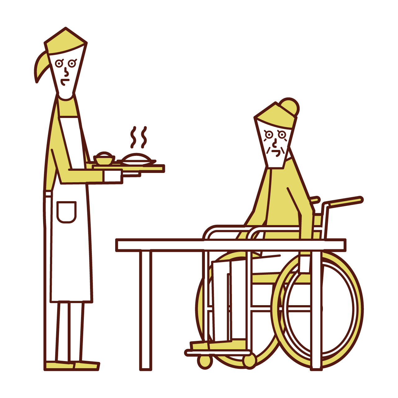 Illustration of care worker and home helper (woman) who prepares meals
