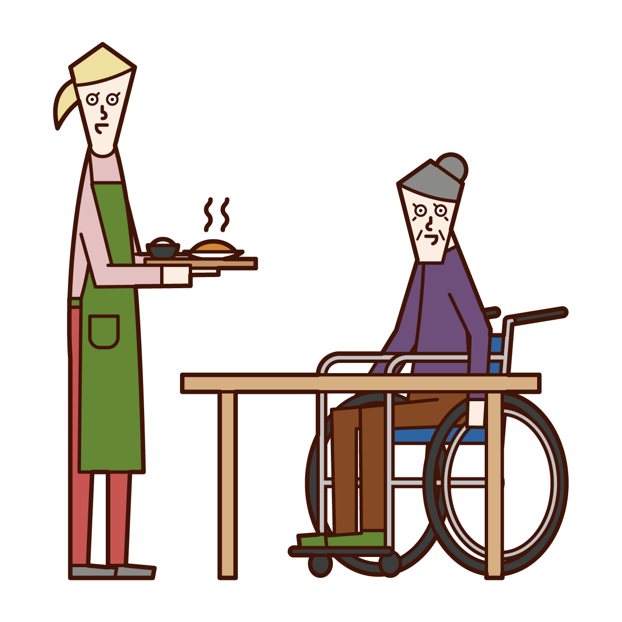 Illustration of care worker and home helper (woman) who prepares meals