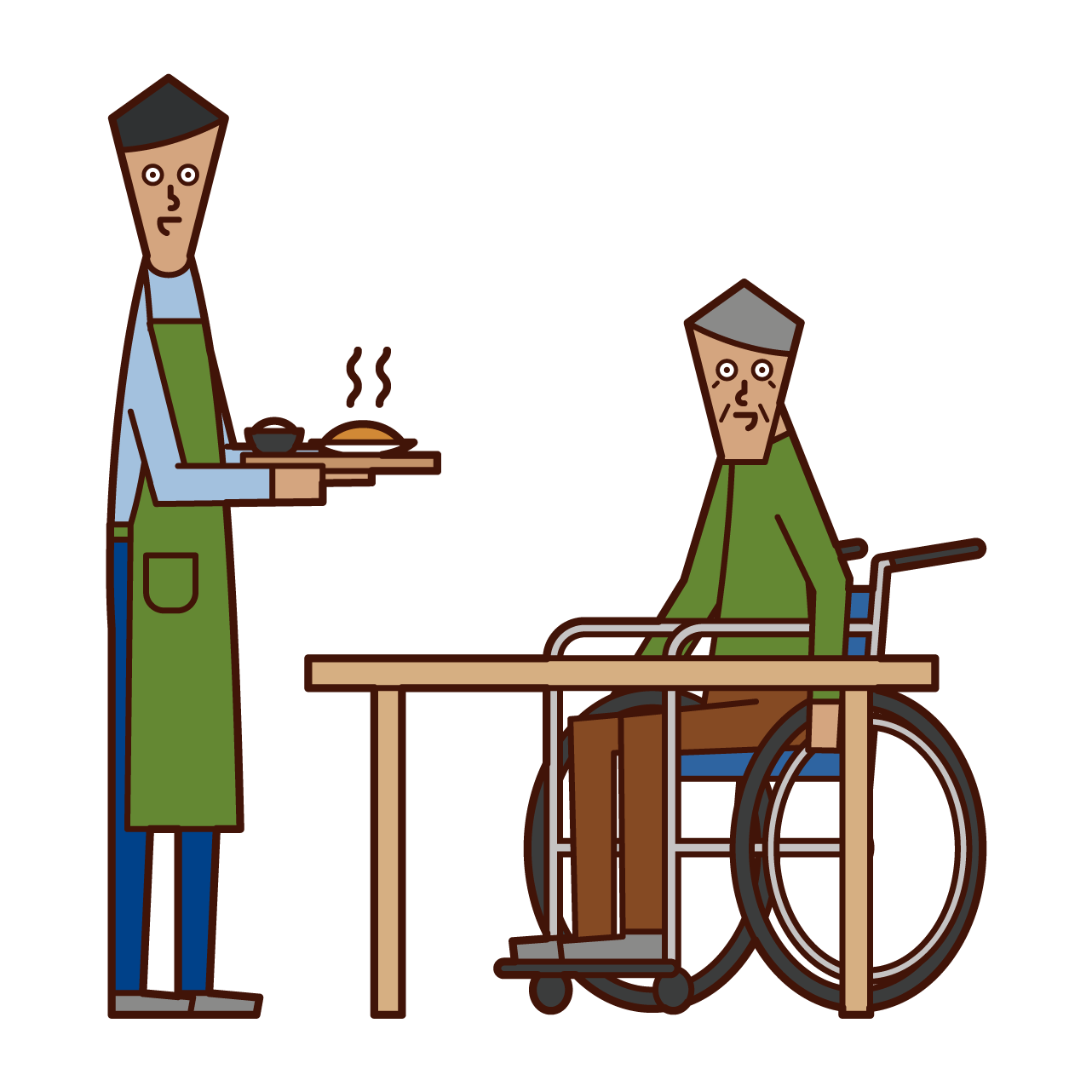 식사를 준비하는 간병인과 국내 도우미 (남성)의 그림