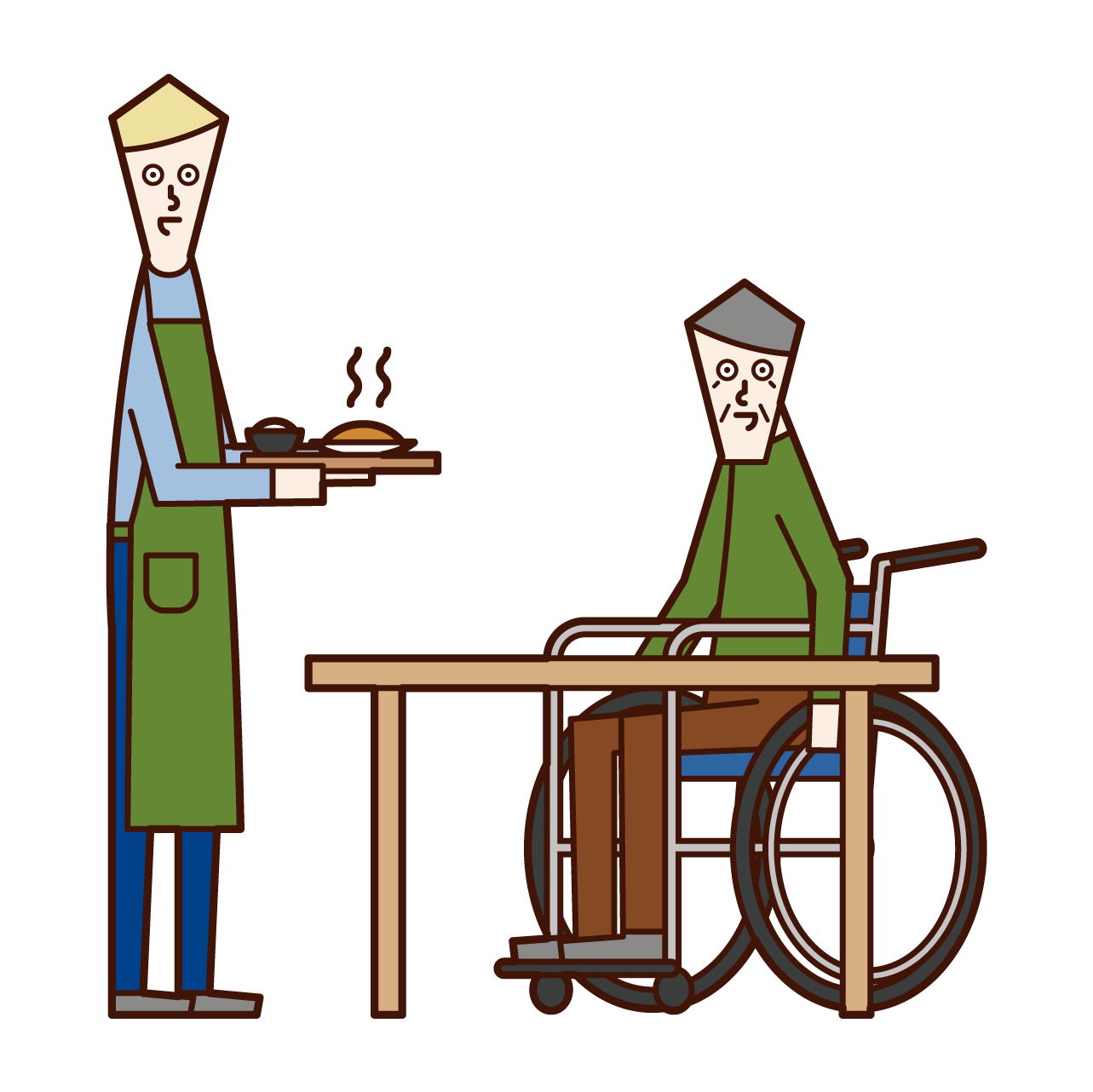 Illustration of care worker and home helper (man) who prepares meals