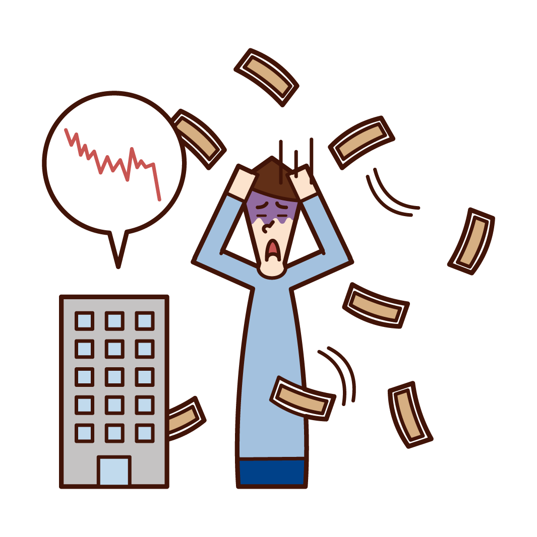 Illustration of shareholders (men) falling as stock prices fall