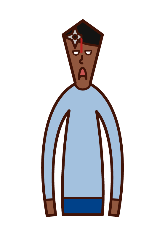 이마에 손등 칼이 있는 한 남자(남성)의 그림.